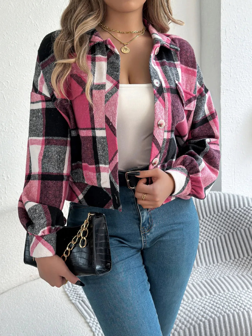 Plaid button-up long sleeve jacket, view 30