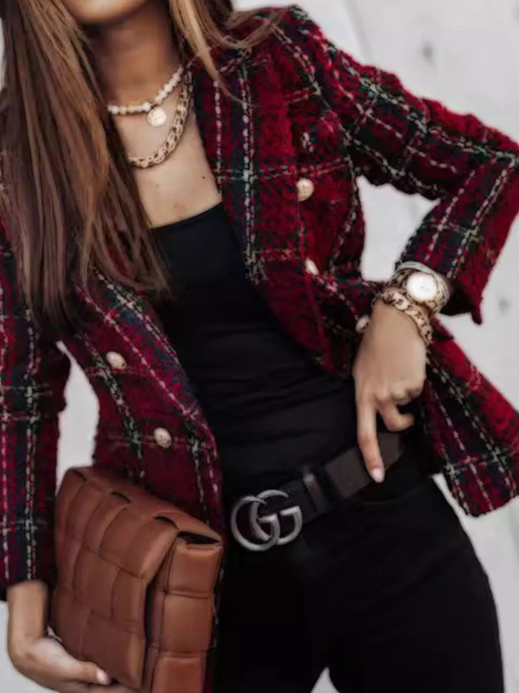 Plus size lined plaid tweed double-breasted blazer, view 2
