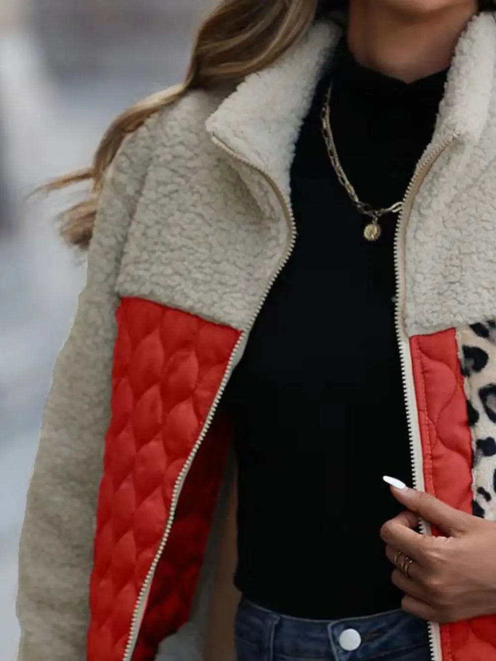 Leopard color block zip-up jacket, view 19
