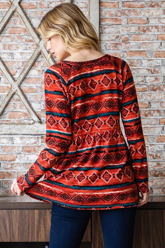 Heimish full size geometric button detail long sleeve babydoll top, black with button accents, casual fashion top for women