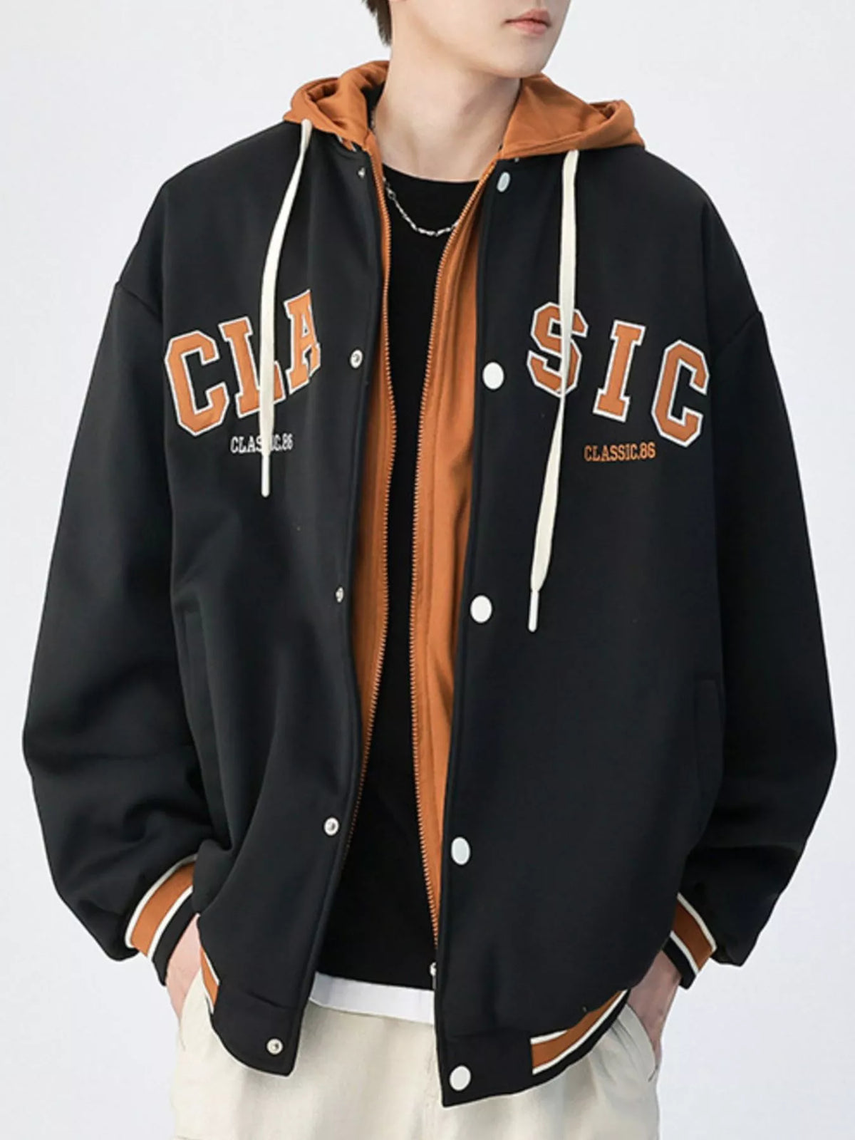 Men's plus size snap-down drawstring hooded jacket