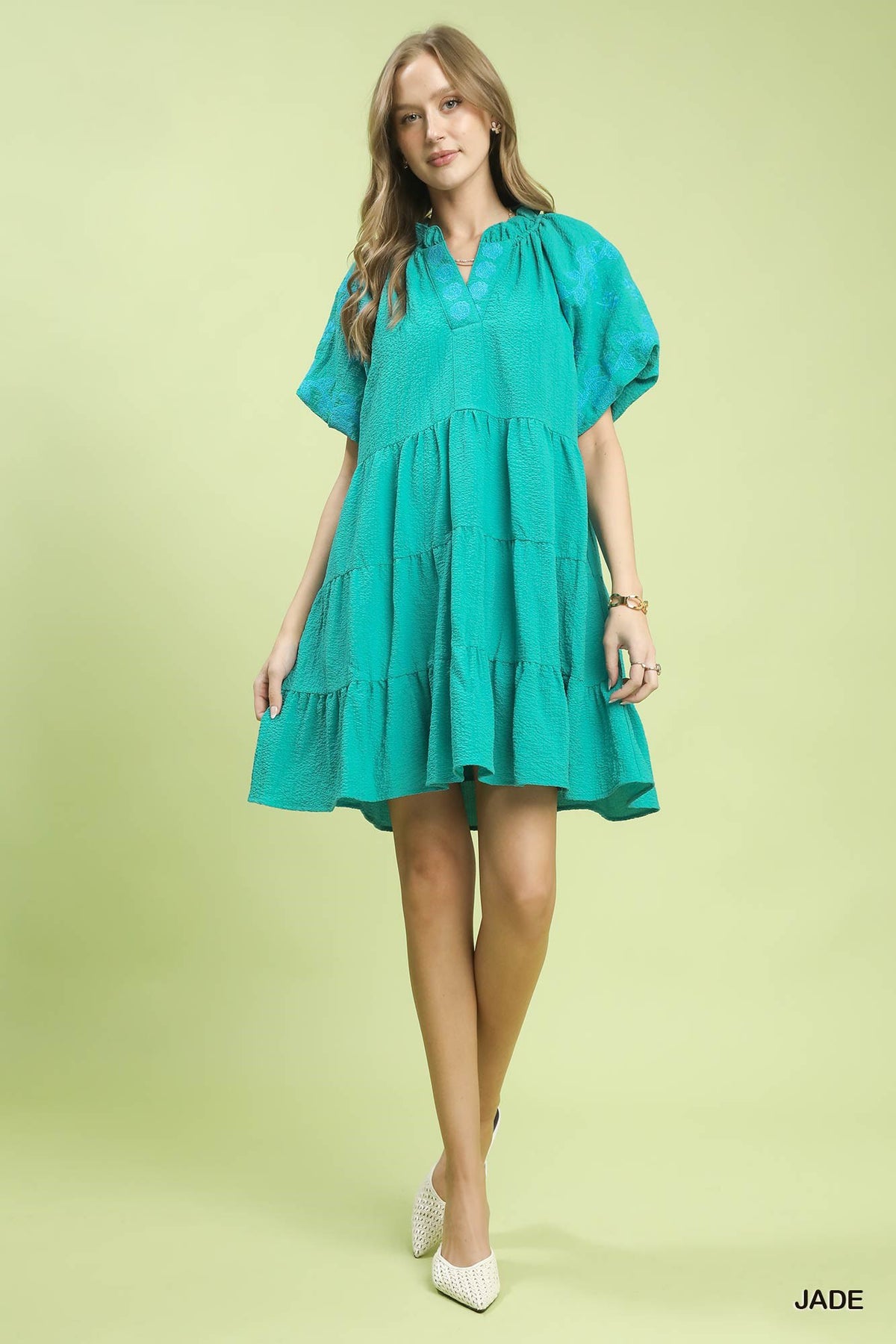 Umgee embroidered tiered mini dress with puff sleeves, featuring detailed embroidery and a flowy, tiered design for a stylish look.