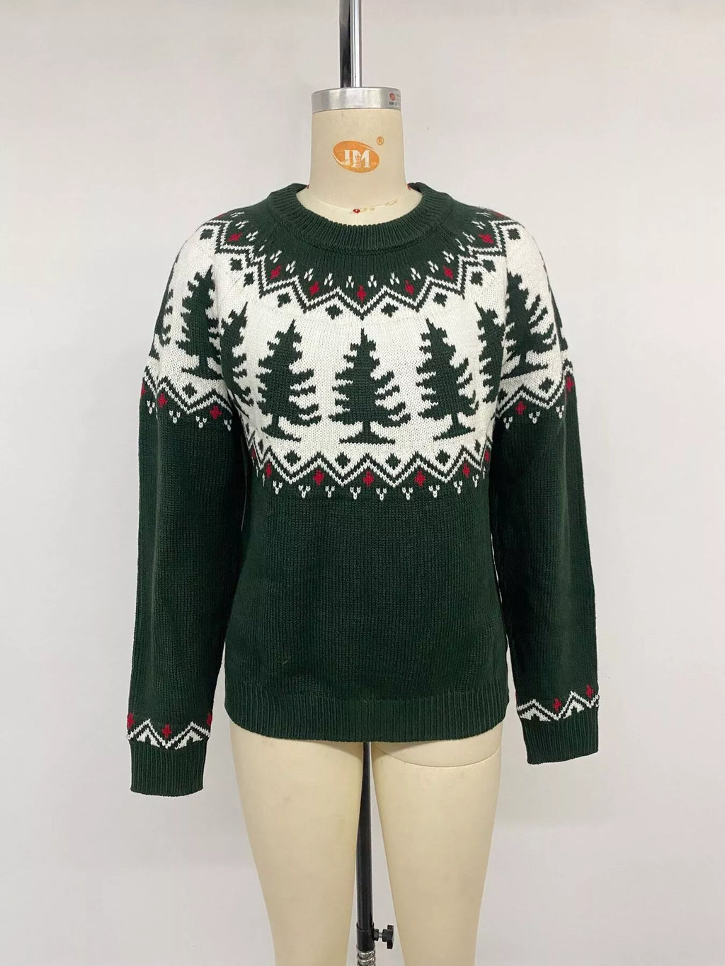 Dark green Christmas tree pattern round neck sweater, view 12