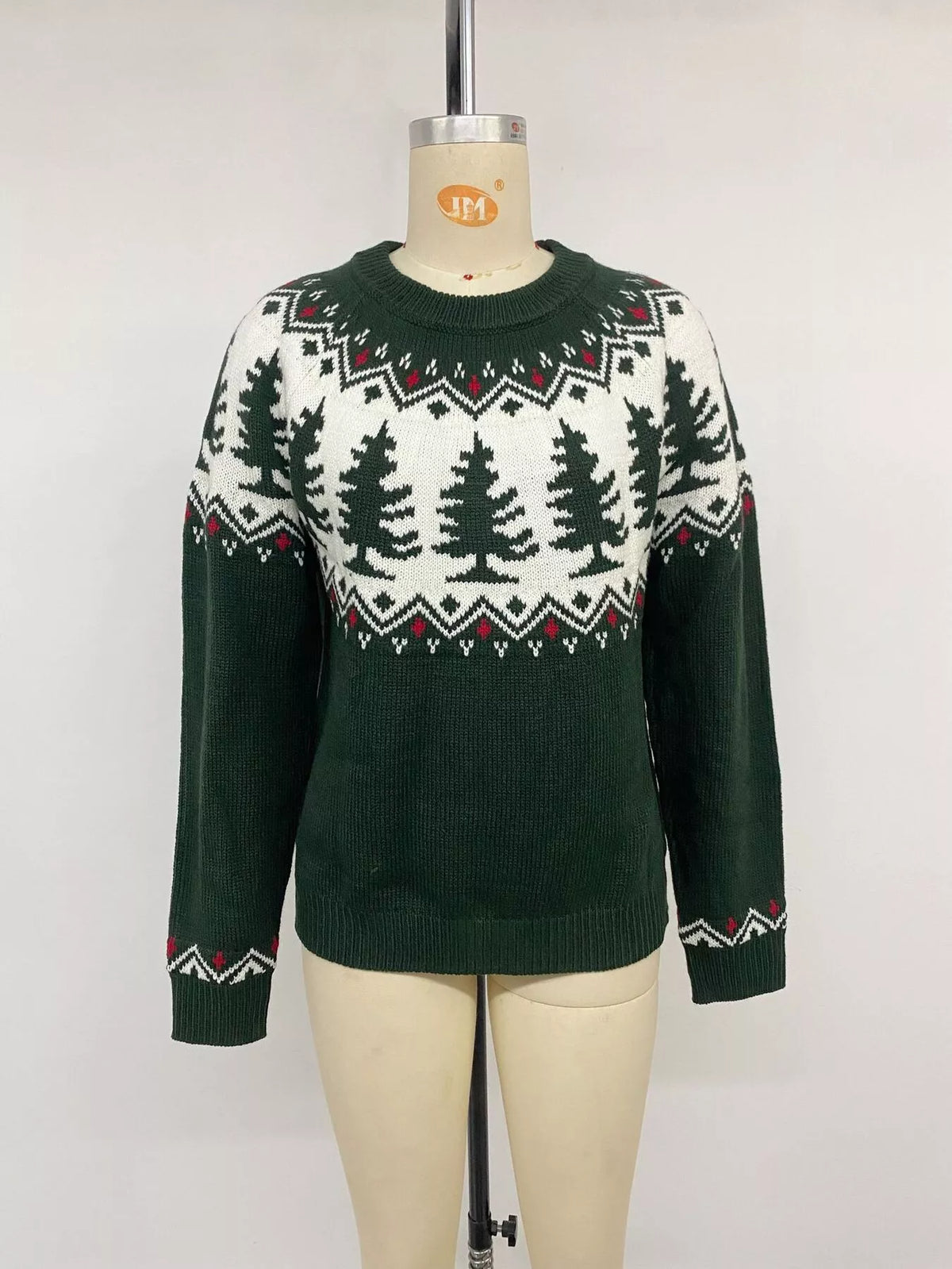 Dark green Christmas tree pattern round neck sweater, view 12
