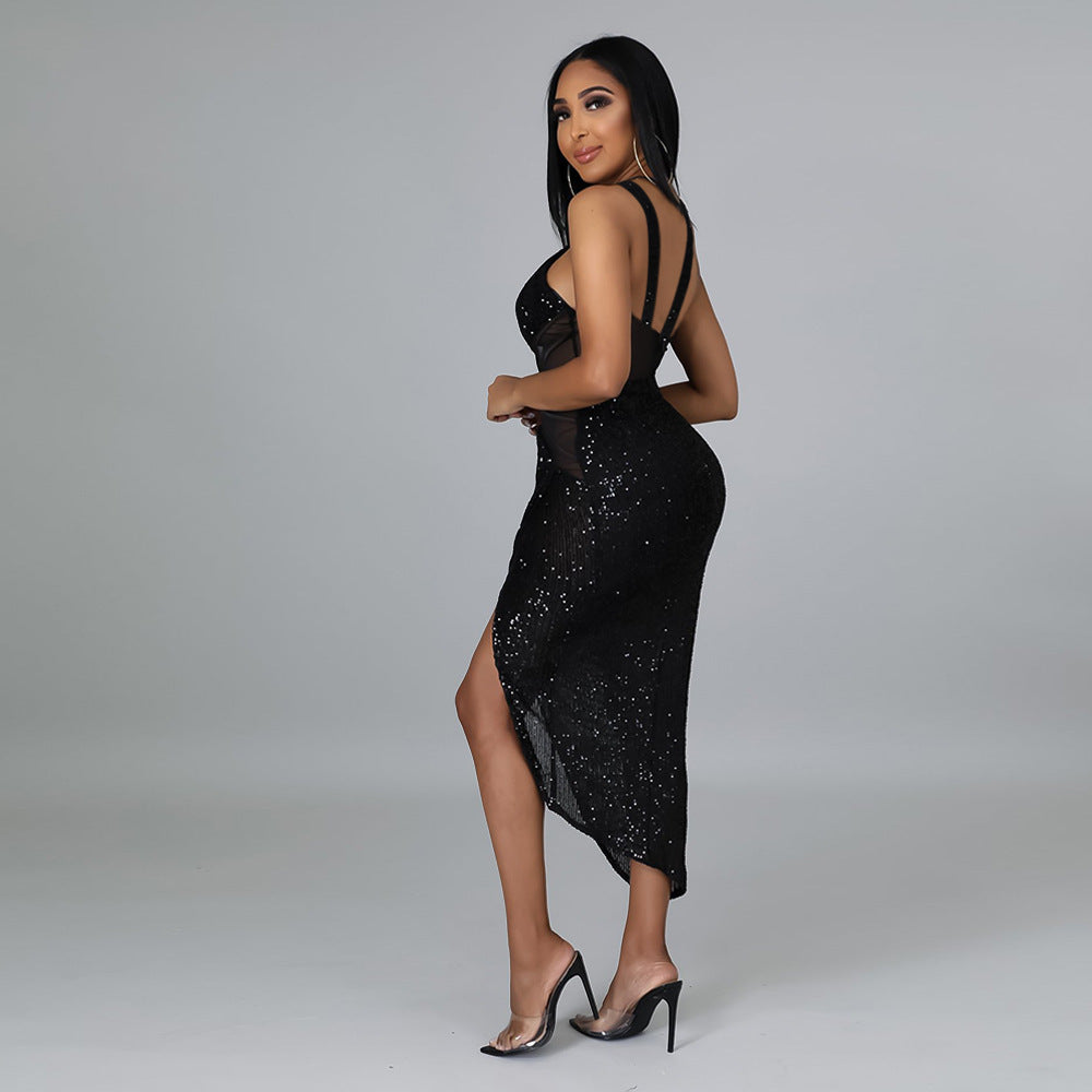Sequined Asymmetrical Halter Party Dress
