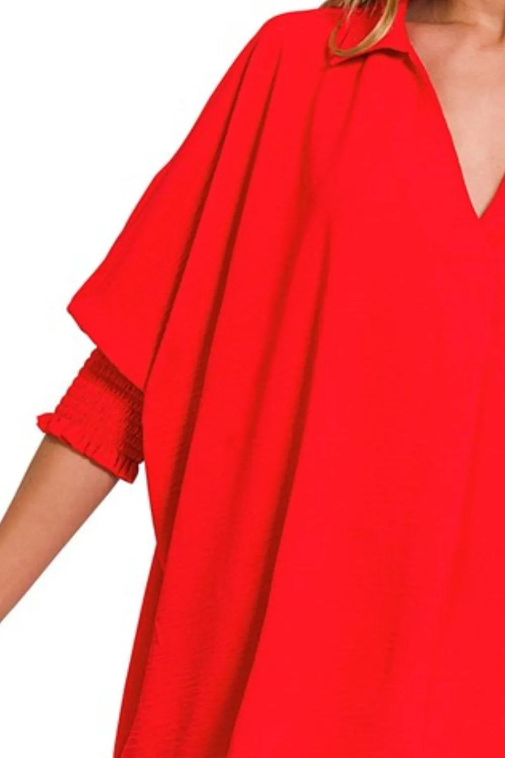 Zenana Airflow collar tee with smocked sleeve band, featuring a casual fit and lightweight fabric, perfect for everyday wear.