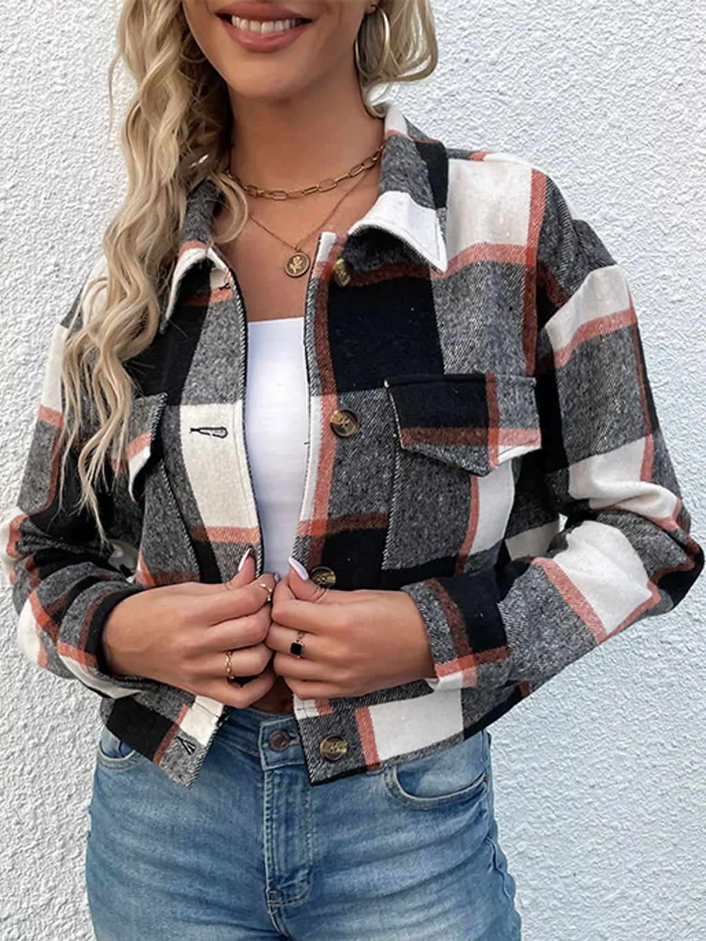 Plaid button-front cropped jacket, view 34