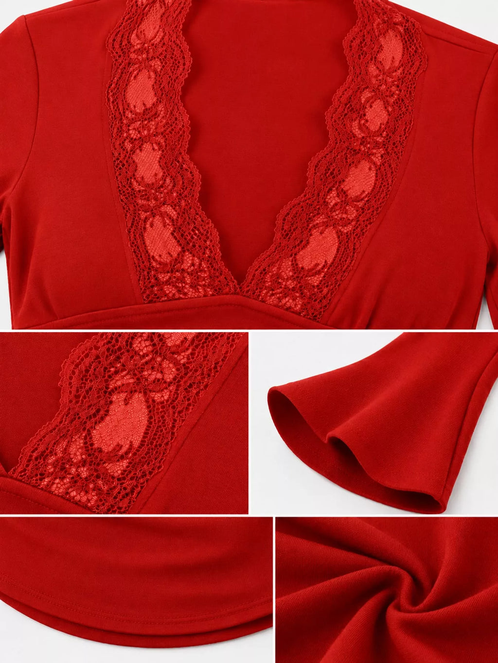 Slim fit V-neck long sleeve T-shirt with lace trim from Trendsi, featuring a stylish design and comfortable fabric.