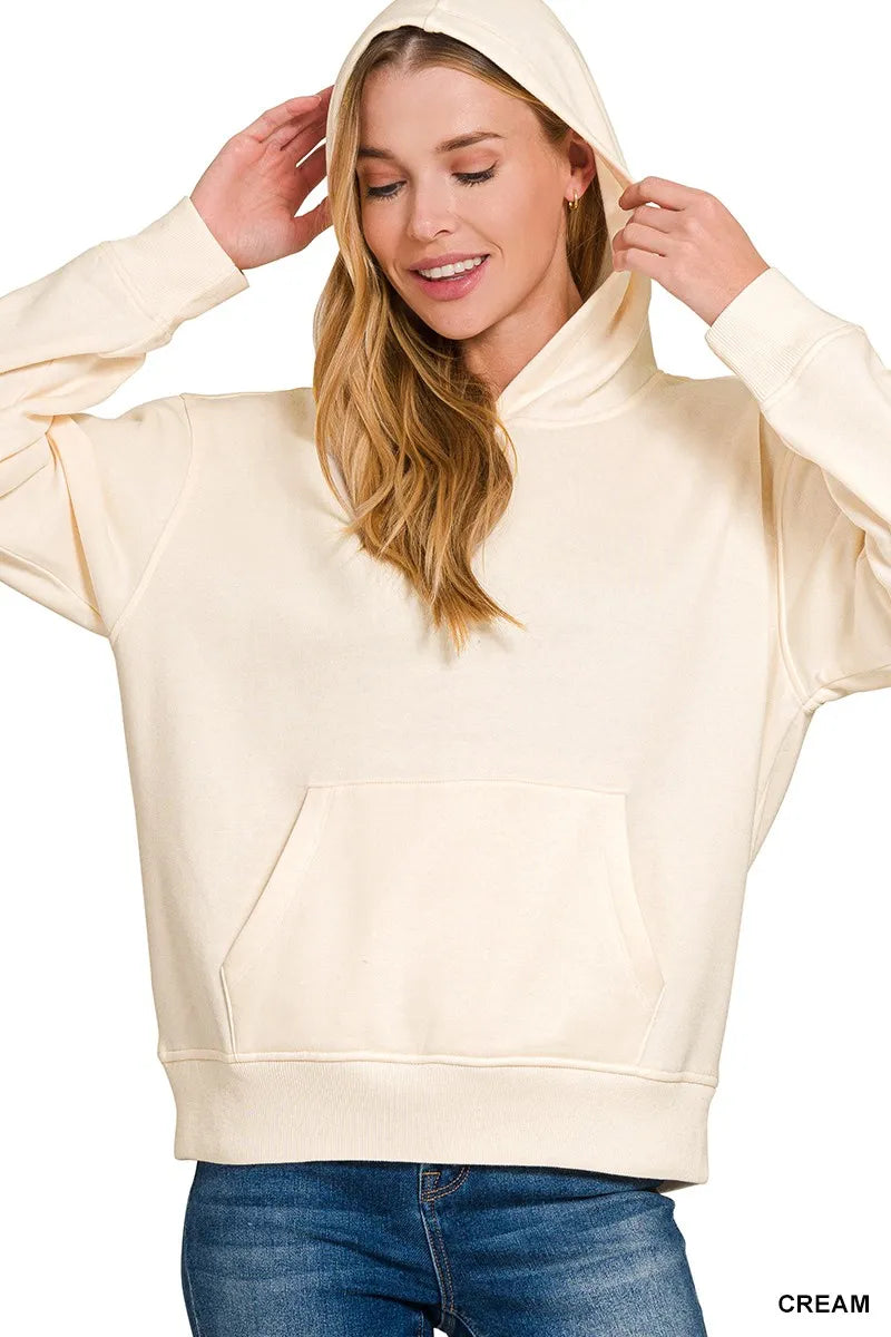 Gray Zenana fleece kangaroo pocket hoodie with hood and long sleeves, casual loungewear from Trendsi.
