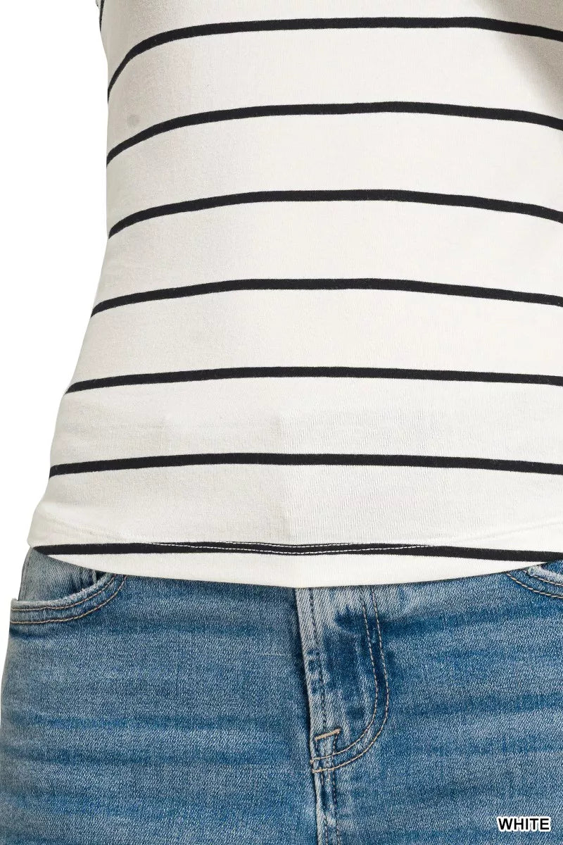 Striped round neck tank top by Zenana, casual sleeveless top with horizontal stripes, lightweight and breathable fabric.