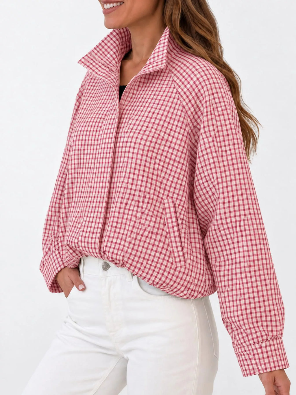 Plaid stand collar cropped jacket, view 24
