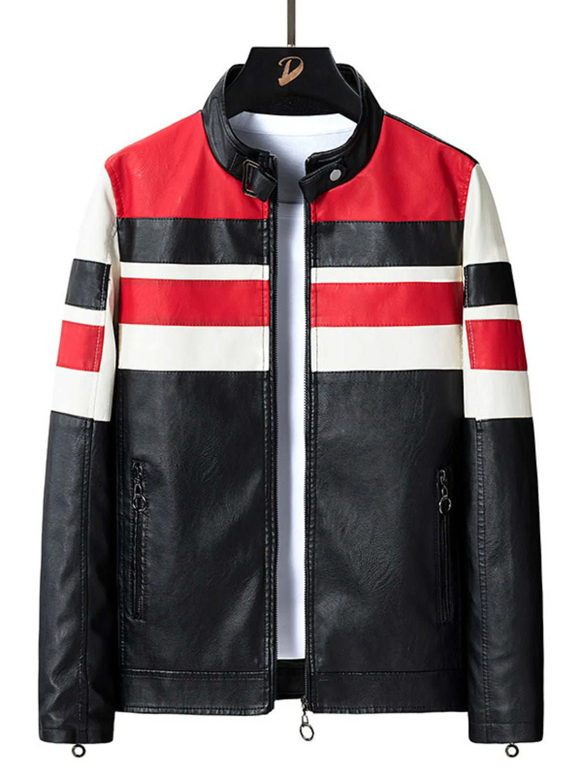 Men's plus size striped faux leather moto jacket, view 9