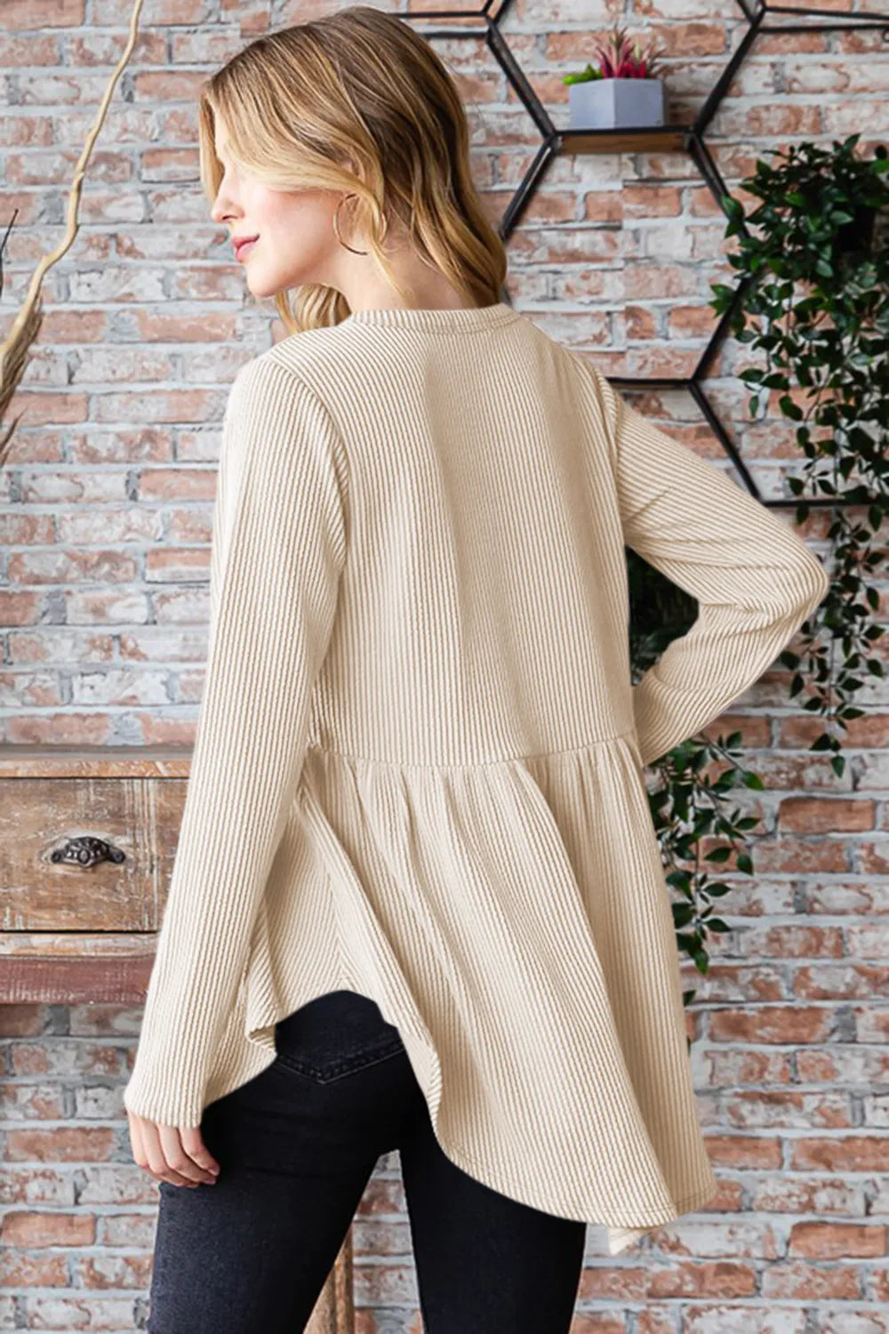 Heimish full size round neck long sleeve ribbed babydoll top, trendy women's long sleeve top with ribbed fabric and relaxed fit.