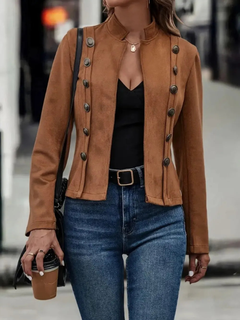 Open-front long sleeve jacket with decorative buttons