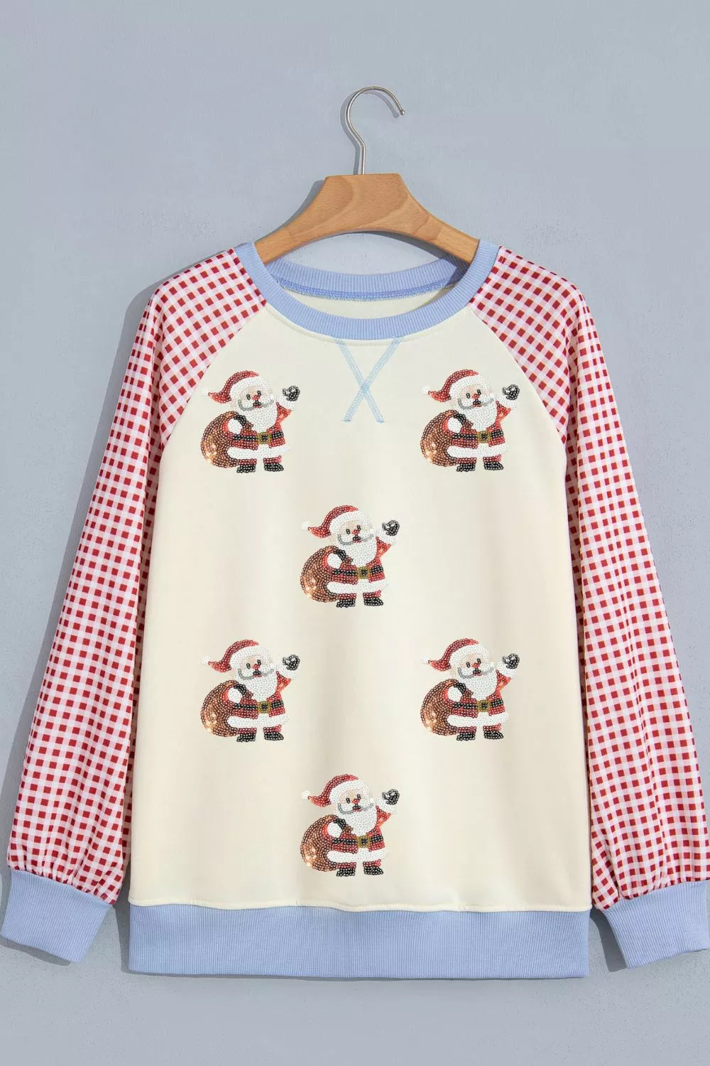 Beige Christmas sweatshirt with sequin Santa and plaid sleeves, view 3