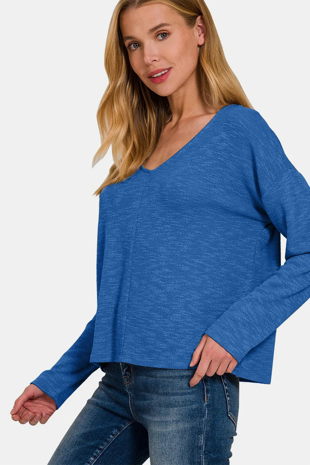 Zenana dropped shoulder long sleeve T-shirt in soft fabric, featuring a relaxed fit and casual style.
