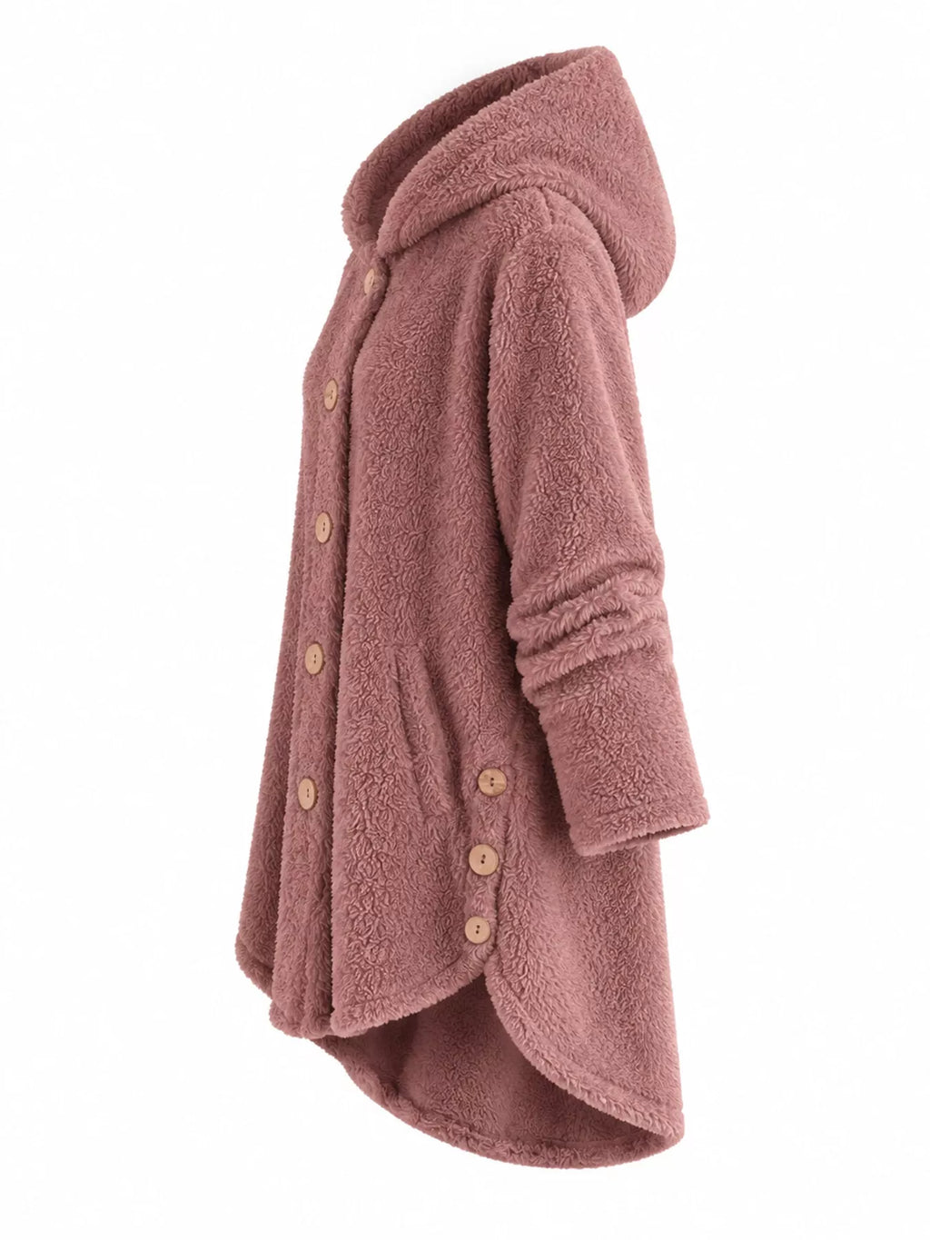 Plus size hooded fleece button-up jacket with high-low hem, view 6