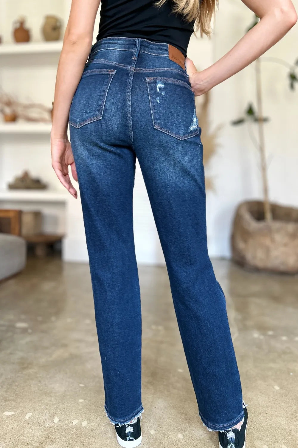 Judy Blue high waist rigid straight jeans with distressed heavy destroy details, front and back views, in full size.