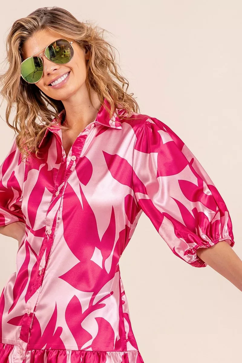 BiBi Leaf Pattern Collared Satin Dress by Trendsi, featuring a stylish leaf print, collar detail, and smooth satin fabric.