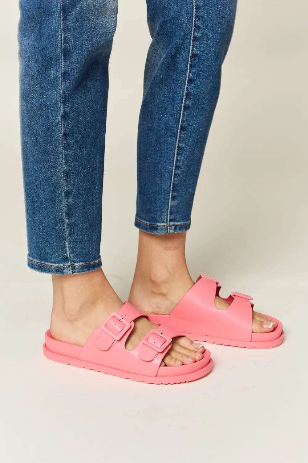 Trendsi Legend double buckle open toe sandals featuring straps, open heel, and stylish design on a neutral background.