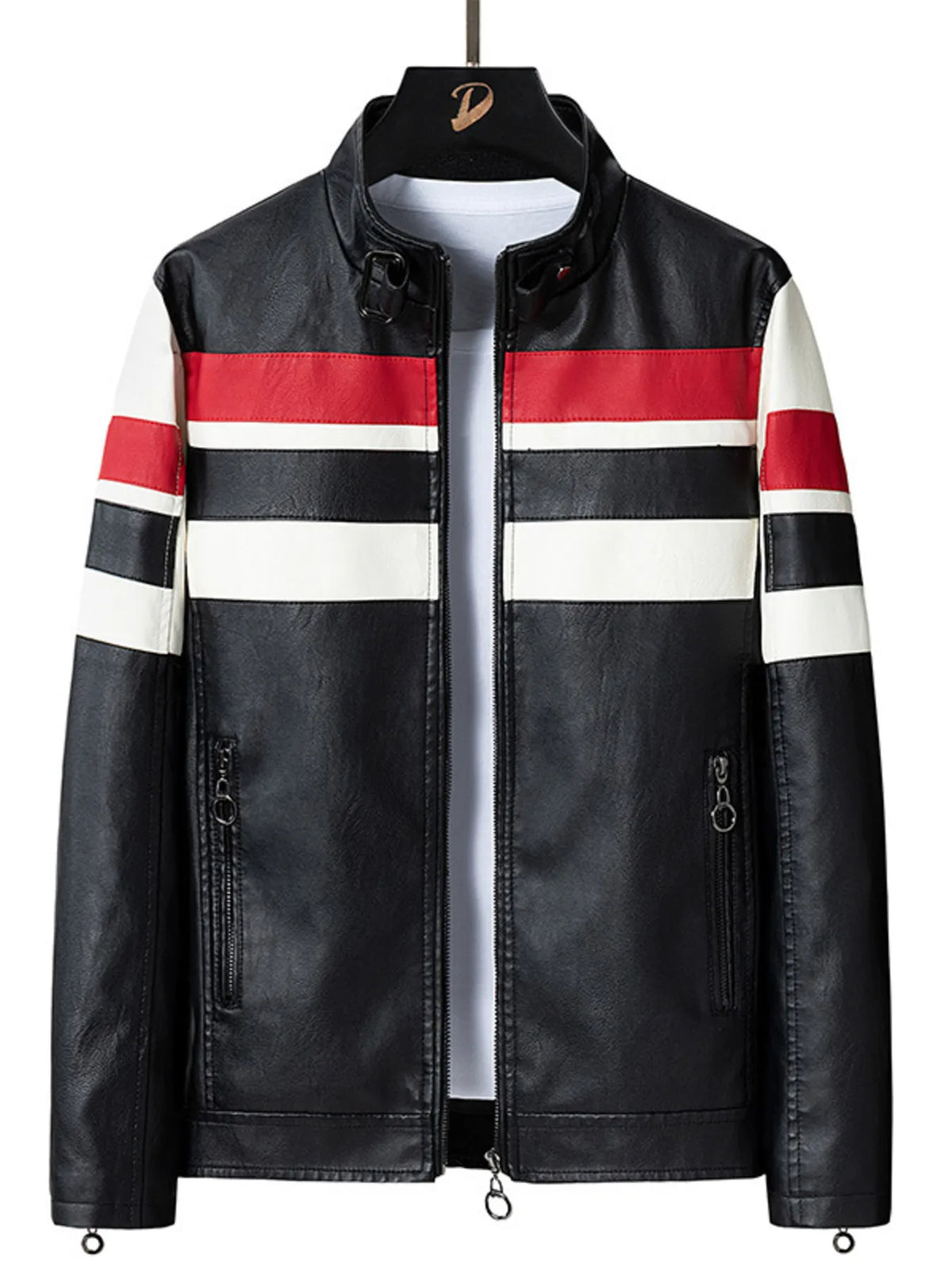 Men's plus size striped faux leather moto jacket, view 3