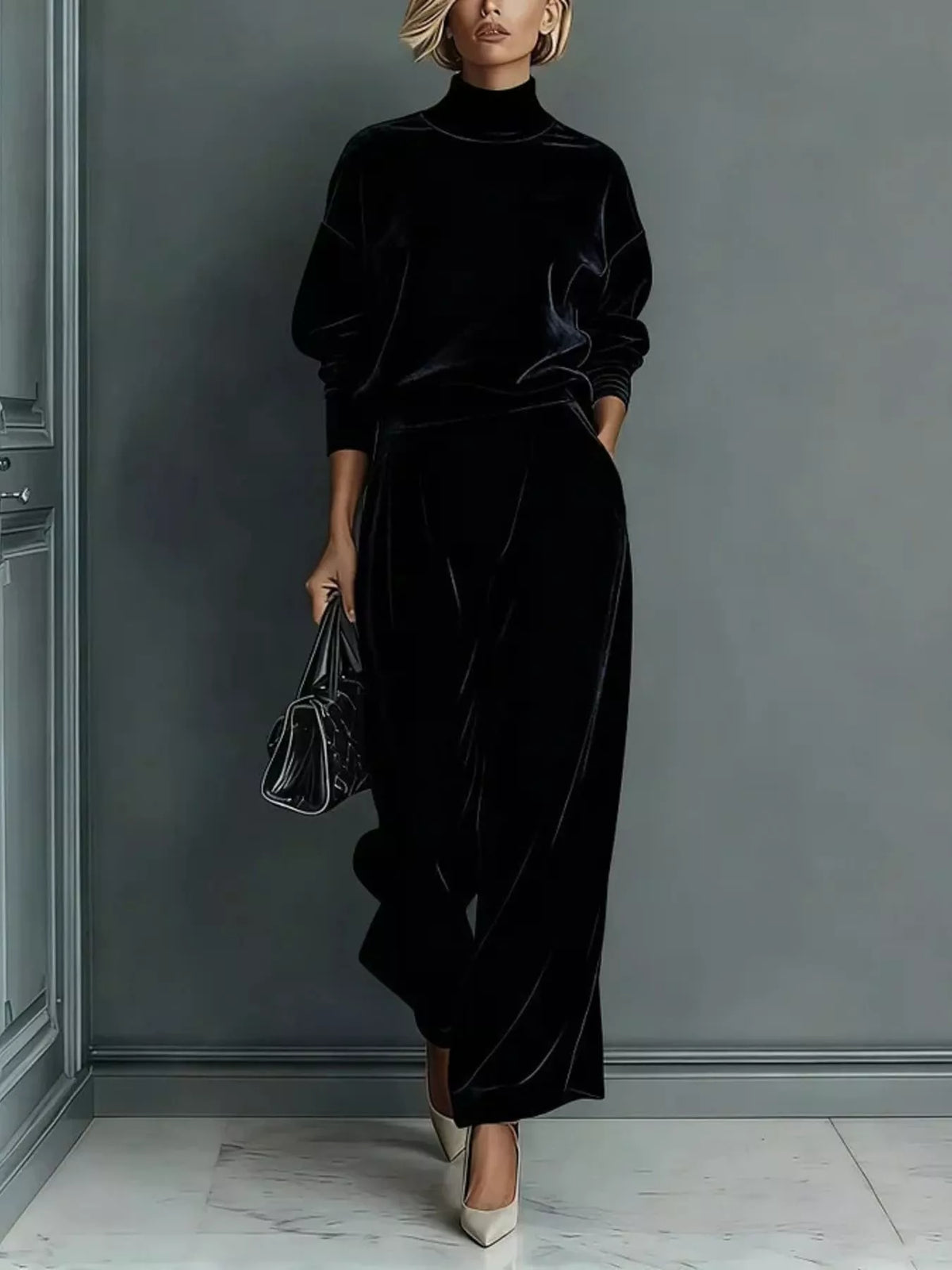 Plus size velvet mock neck long sleeve top and wide-leg pants set from Trendsi, featuring elegant fabric and stylish fit.