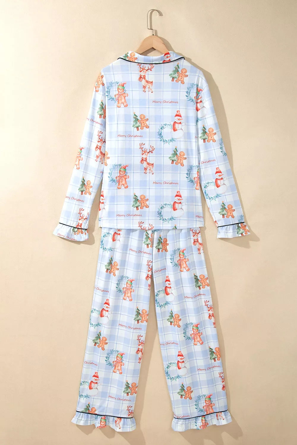 Light blue plaid cartoon Christmas pajama set with button-up top, view 3