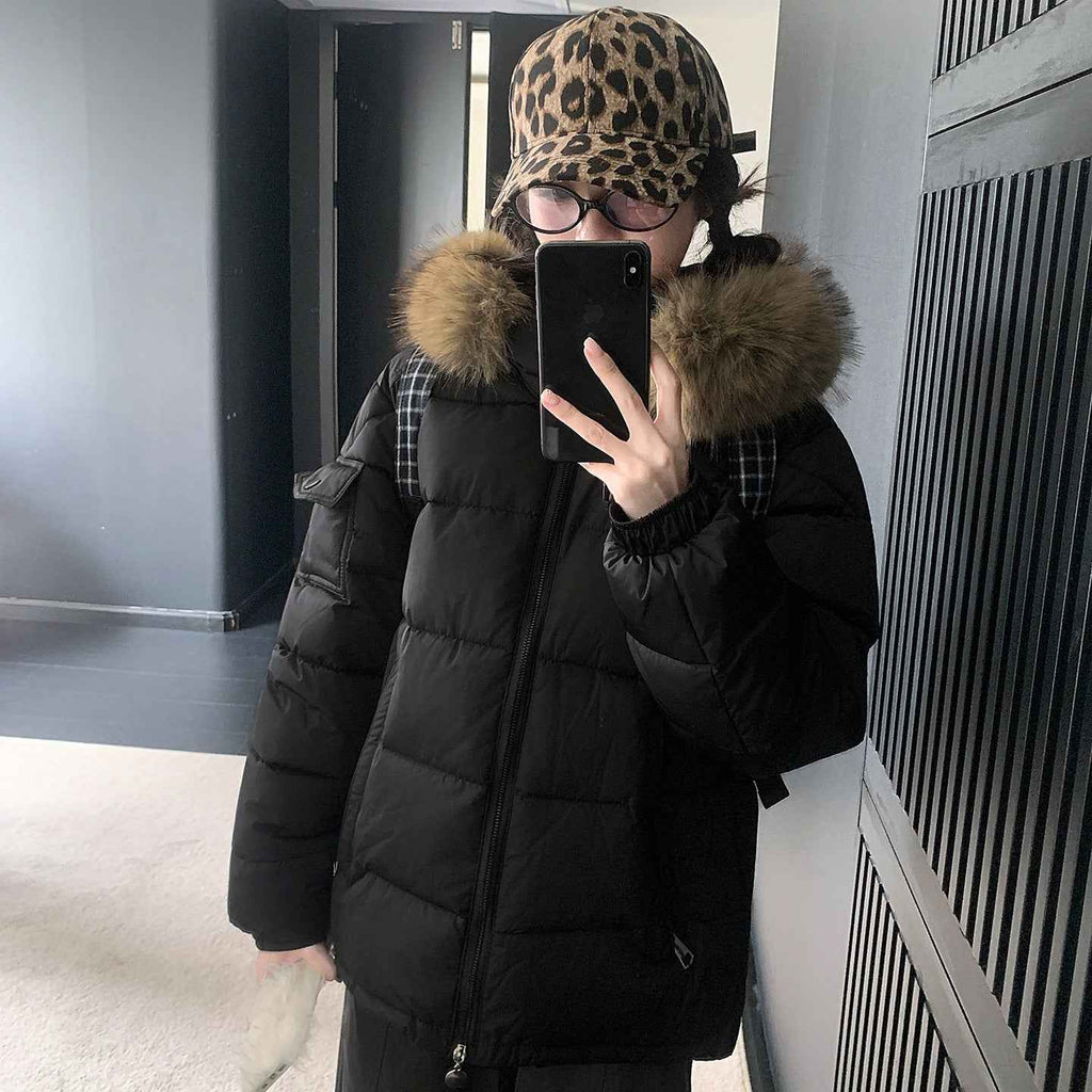 Women's Winter Cotton-Padded Jacket with Large Faux Fur Collar, Puffy Loose Fit Warm Outerwear
