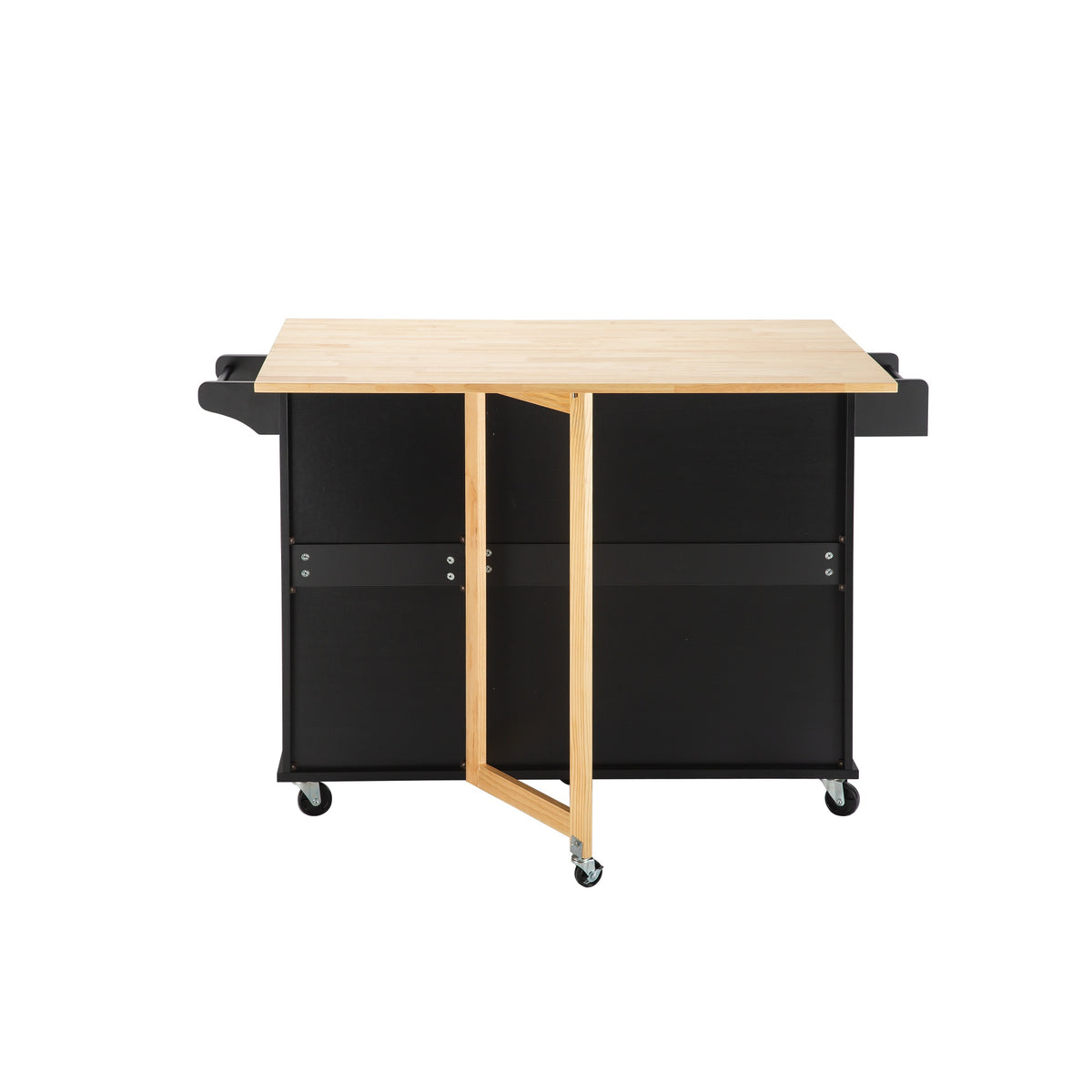Black Rolling Kitchen Island with Extendable Rubber-Wood Top
