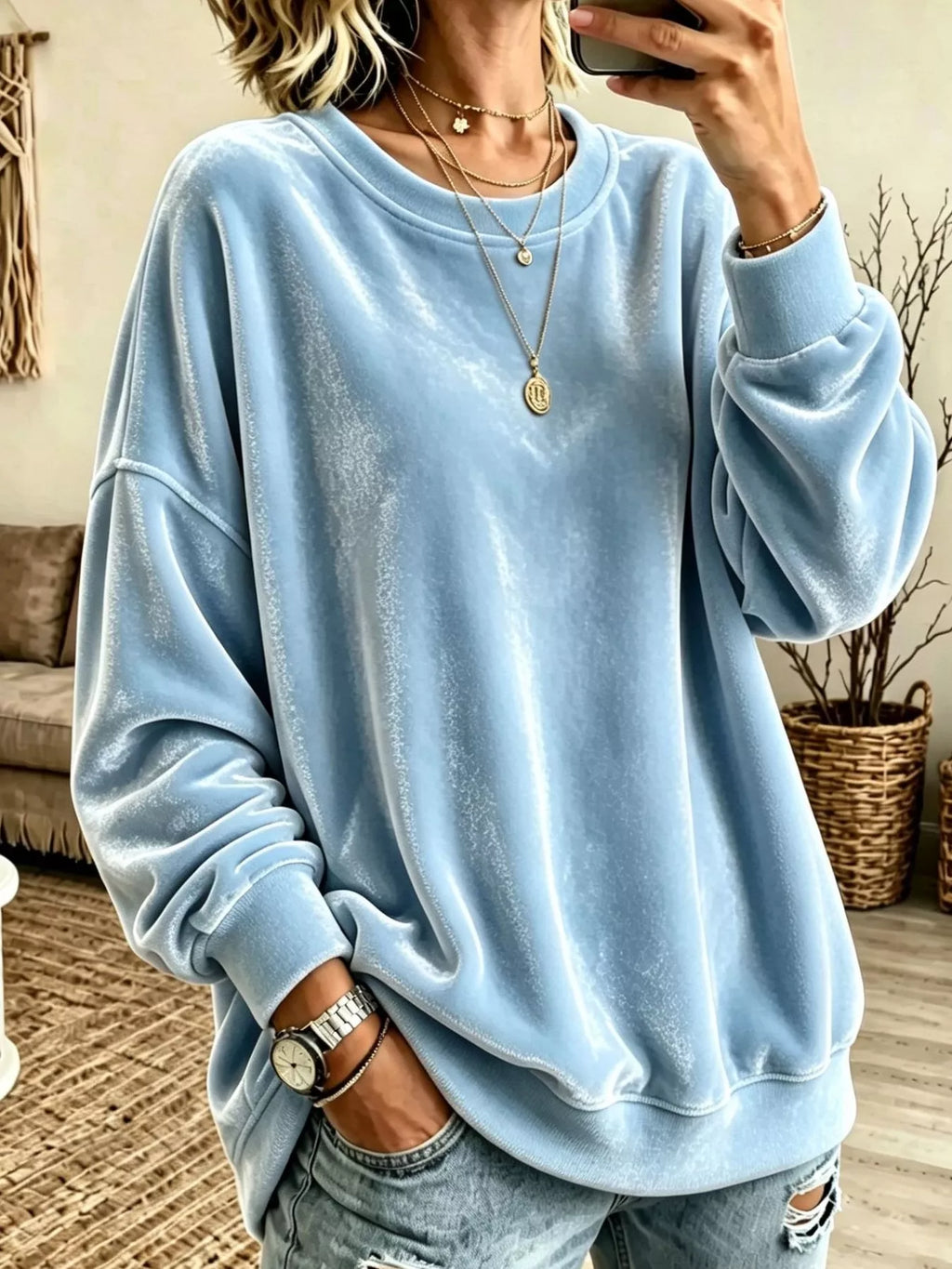 Loose fit velvet drop shoulder sweatshirt