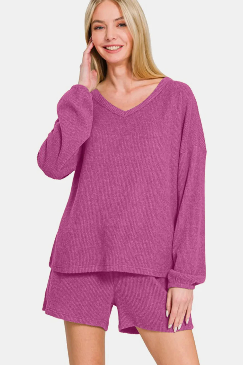 Zenana V-neck long sleeve ribbed top and shorts set, stylish casual loungewear, in soft fabric with fitted design.