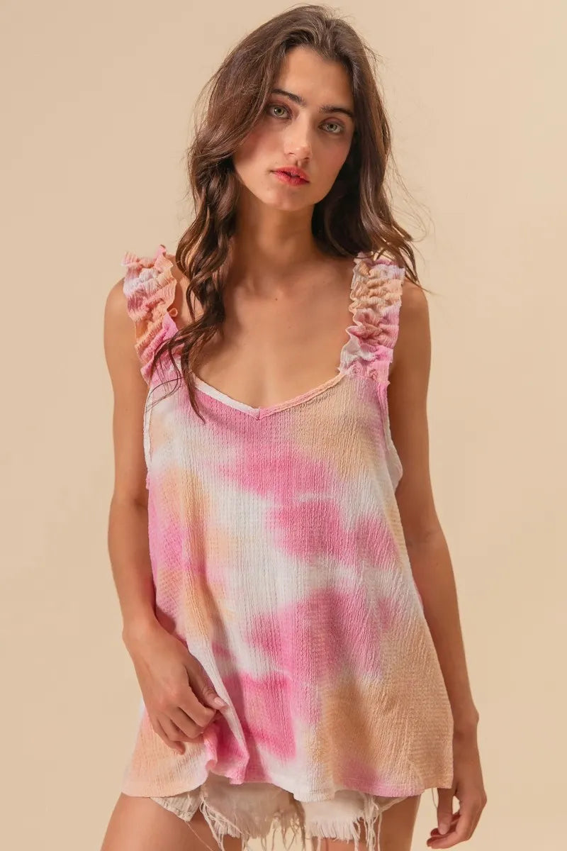 BiBi tie dye printed textured woven top with ruffles, featuring colorful patterns and a stylish, feminine design from Trendsi.