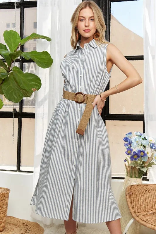 Air Force Blue ADORA striped sleeveless button-down midi dress by Trendsi, featuring a stylish and casual design.