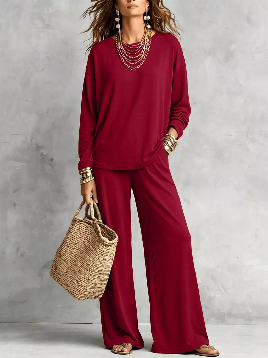 Trendsi round neck t-shirt and wide-leg pants set, casual outfit with soft fabric, worn together, displayed on a mannequin.