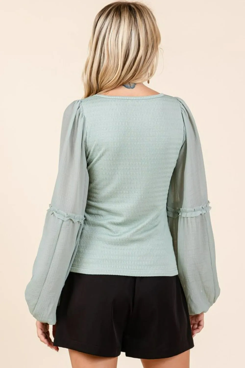Trendsi Mittoshop mixed media textured knit and chiffon long sleeve top with layered design and relaxed fit.