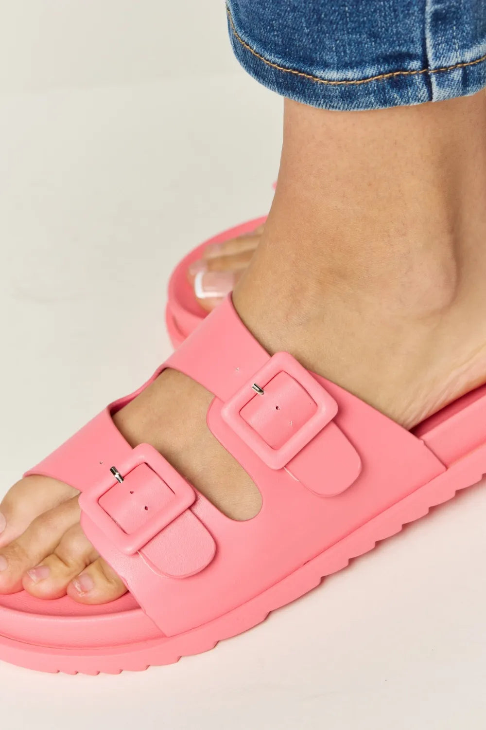 Trendsi Legend double buckle open toe sandals featuring stylish straps and a comfortable heel, perfect for casual and summer wear.