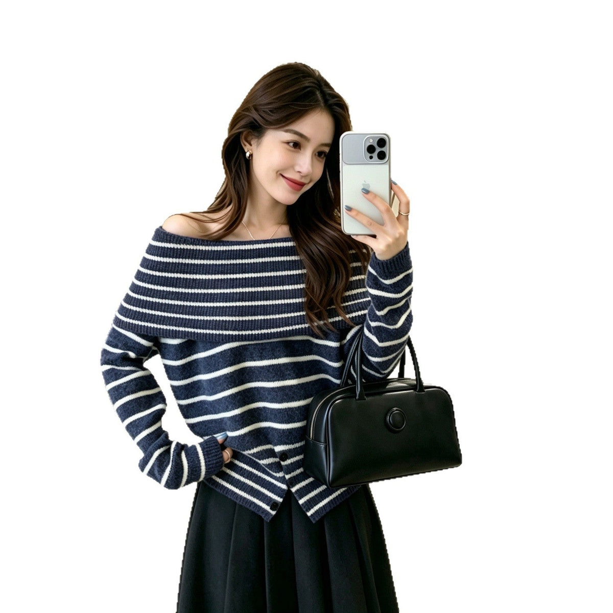 Single neck off shoulder striped sweater for women eprolo