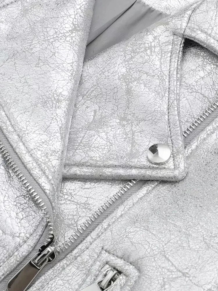 Faux Leather Jacket Women Silver Cropped Coat Woman Long Sleeve Bomber Jackets for Women Streetwear Autumn Jacket