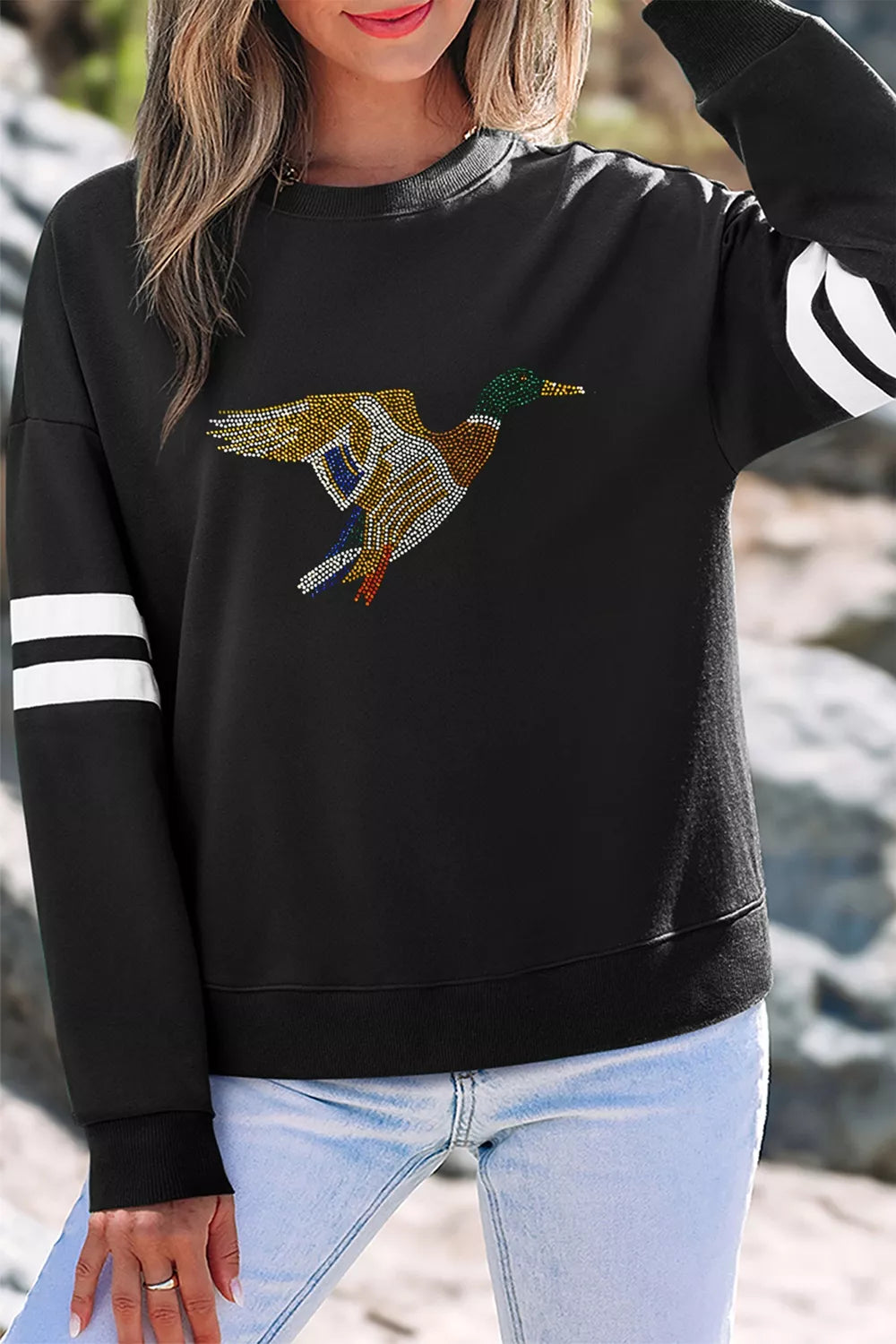 Black sweatshirt with rhinestone mallard and contrast striped sleeves, view 5
