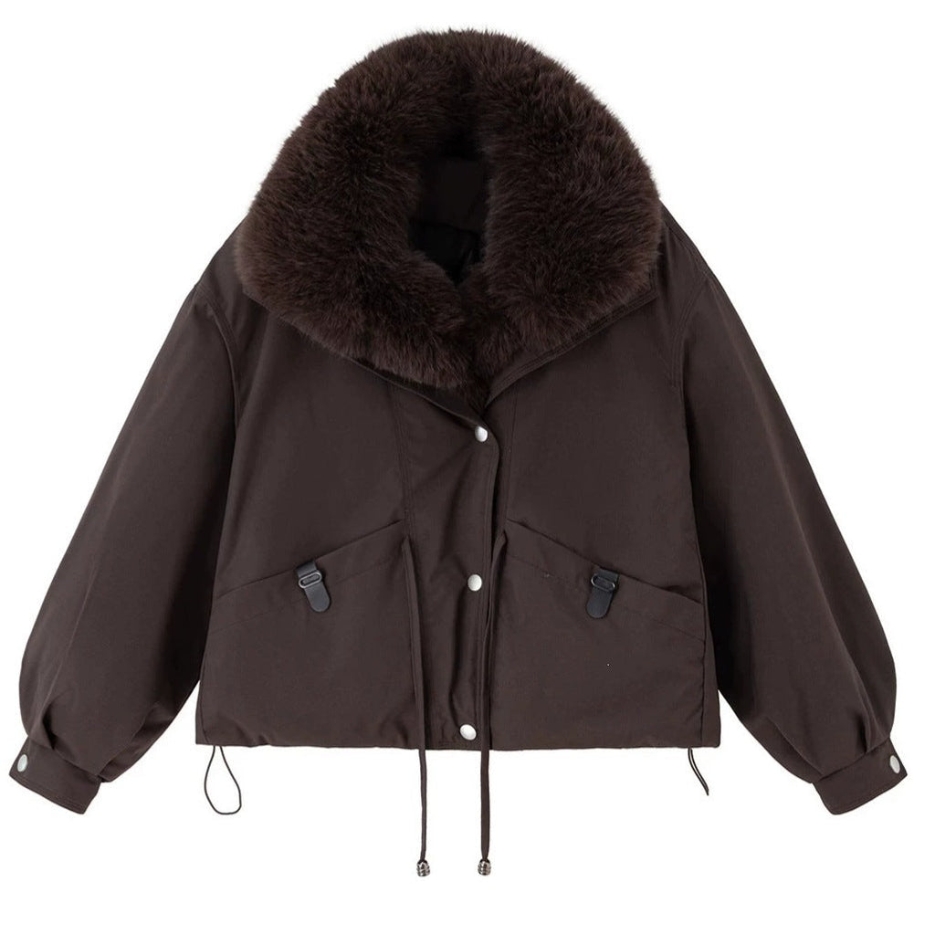 Women's Cropped Workwear Parka with Detachable Large Fur Collar, Thickened Cotton-Filled Windbreaker Coat eprolo