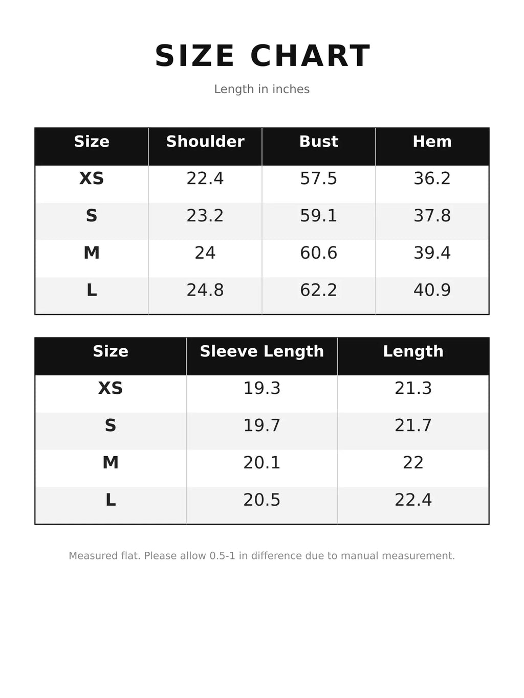 Size chart for plaid stand collar cropped jacket