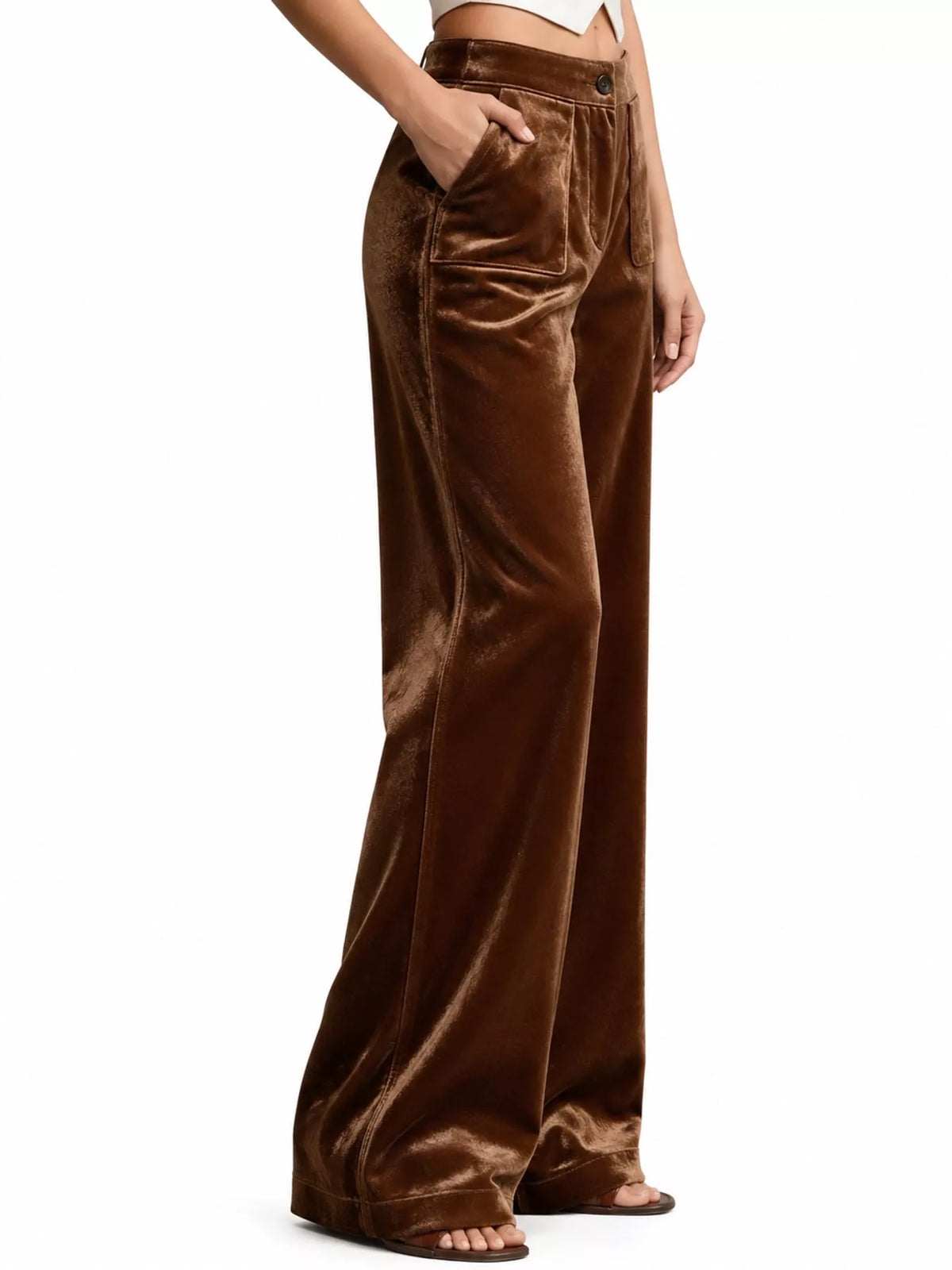Full size high-waisted wide-leg velvet pants with pockets, plus size, in rich fabric, styled for a chic, comfortable look.