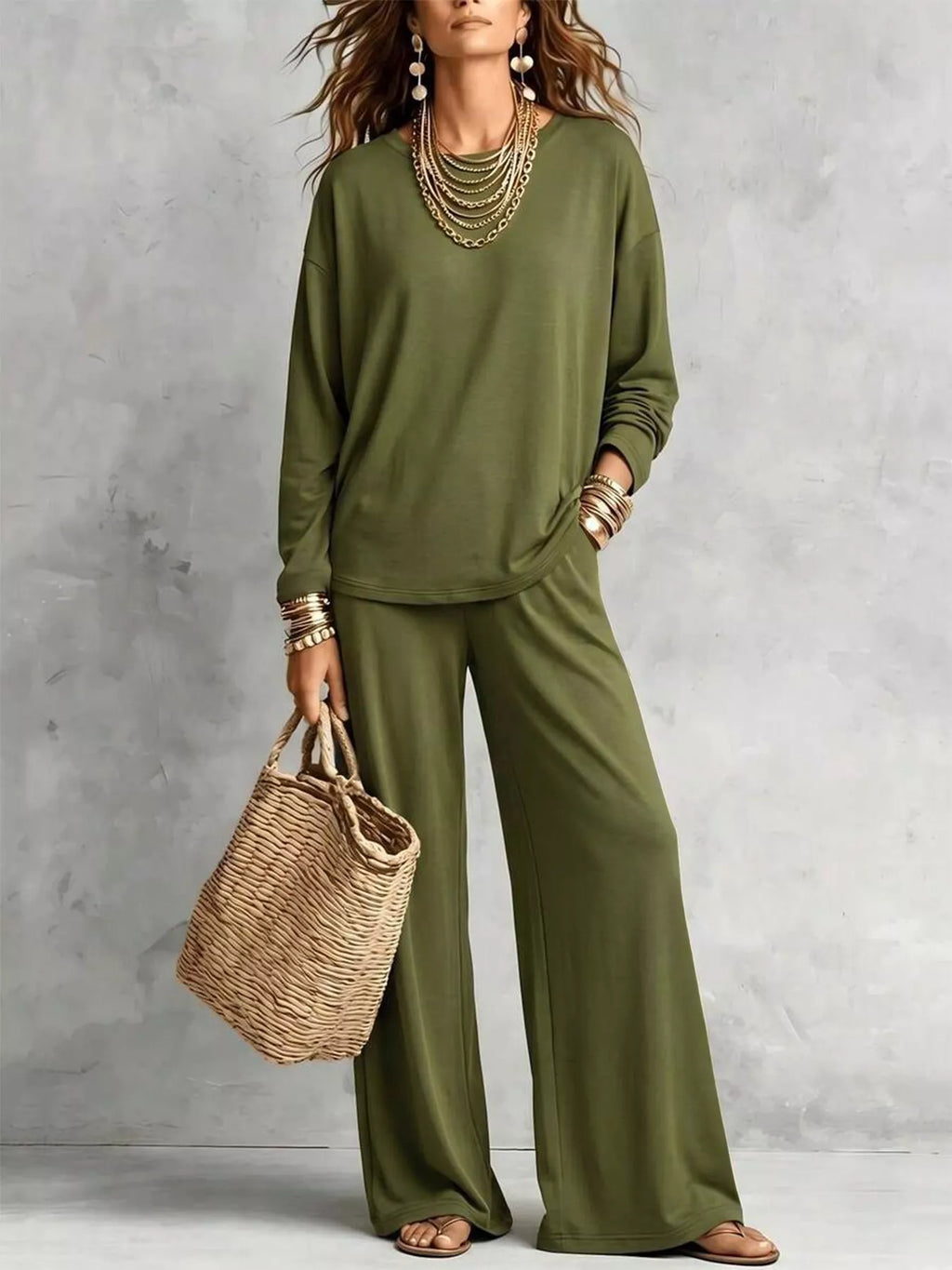 Trendsi round neck T-shirt and wide-leg pants set, featuring a casual fit and neutral color, styled together in a modern look.