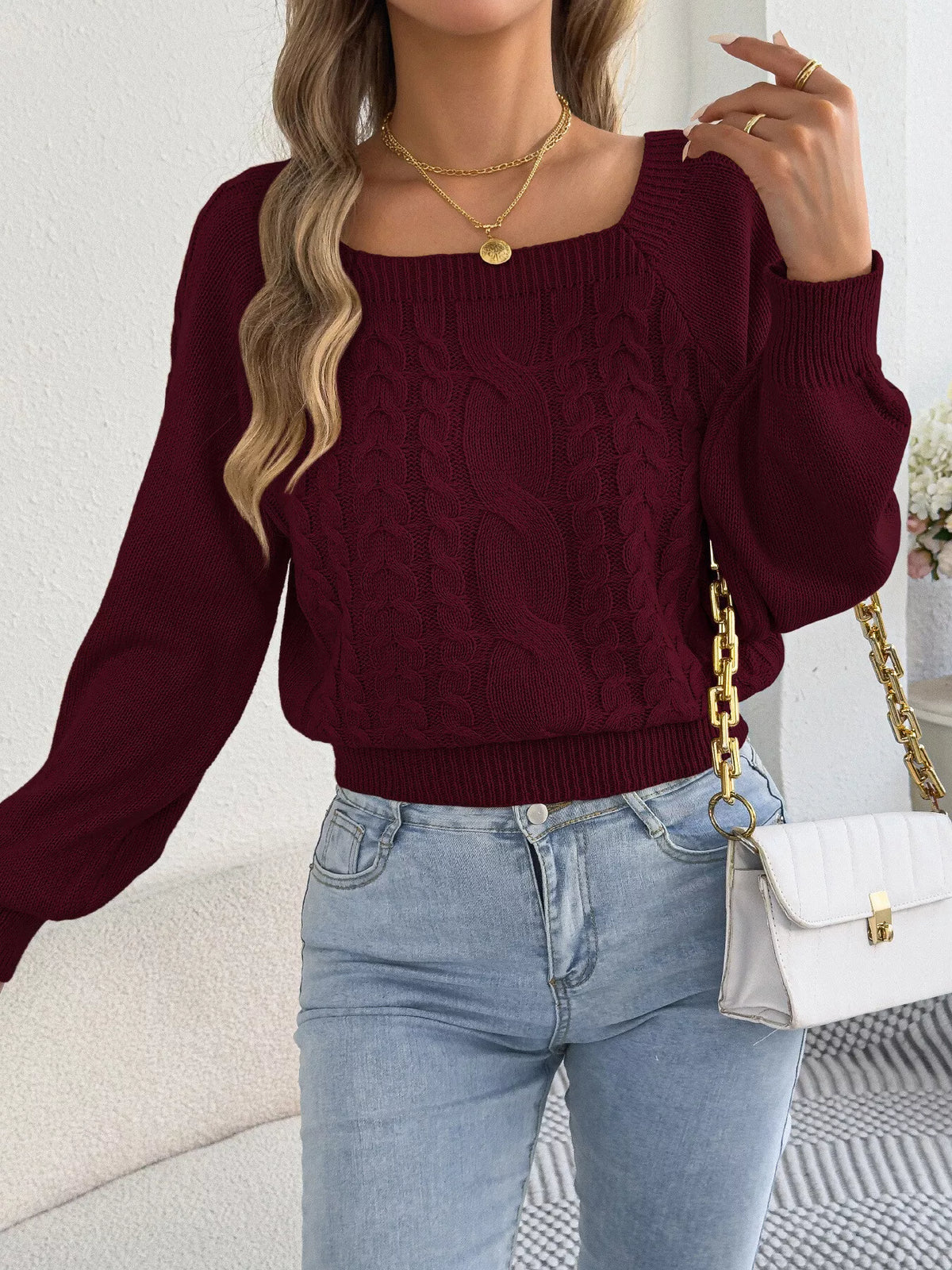 Square neck cable knit sweater, view 11