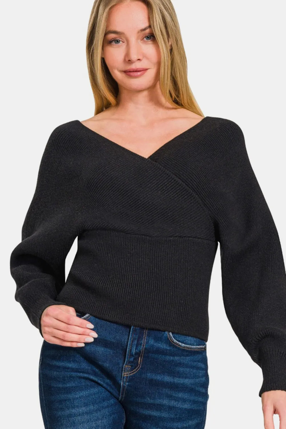 Zenana Trendsi cross wrap rib long sleeve sweater featuring a stylish wrap design and ribbed knit fabric in a cozy fit.