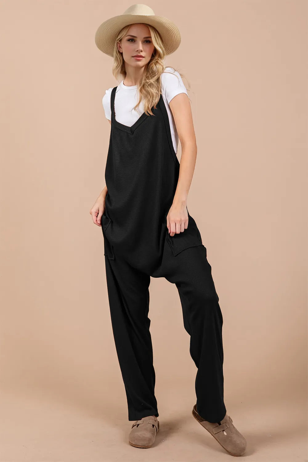 Full size V-neck wide strap overalls with pockets from Trendsi, featuring a relaxed fit and adjustable straps.