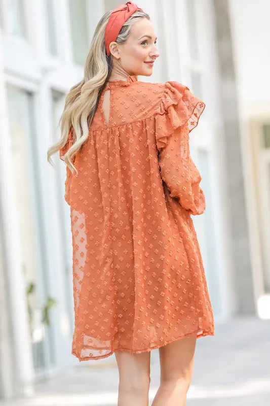 Lovely textured woven dress with ruffle shoulder details, designed by Trendsi, featuring a stylish and feminine silhouette.