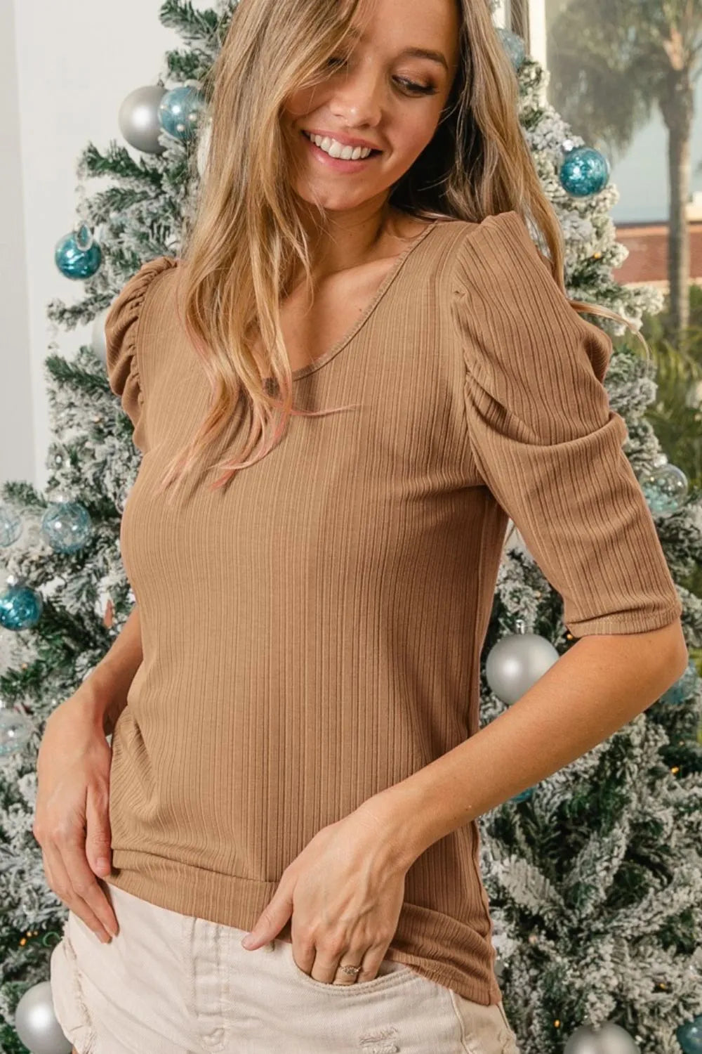 BiBi verdigris rib knit puff sleeve shorts top by Trendsi, featuring a fitted design with puff sleeves and a ribbed texture.