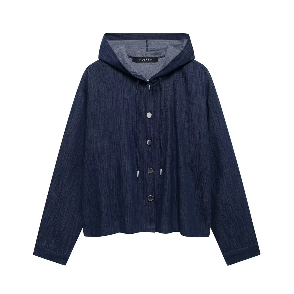 Casual Chic Women Denim Suit Solid Button Hooded Blouse Drawstring Straight Pants New Fashion Suits