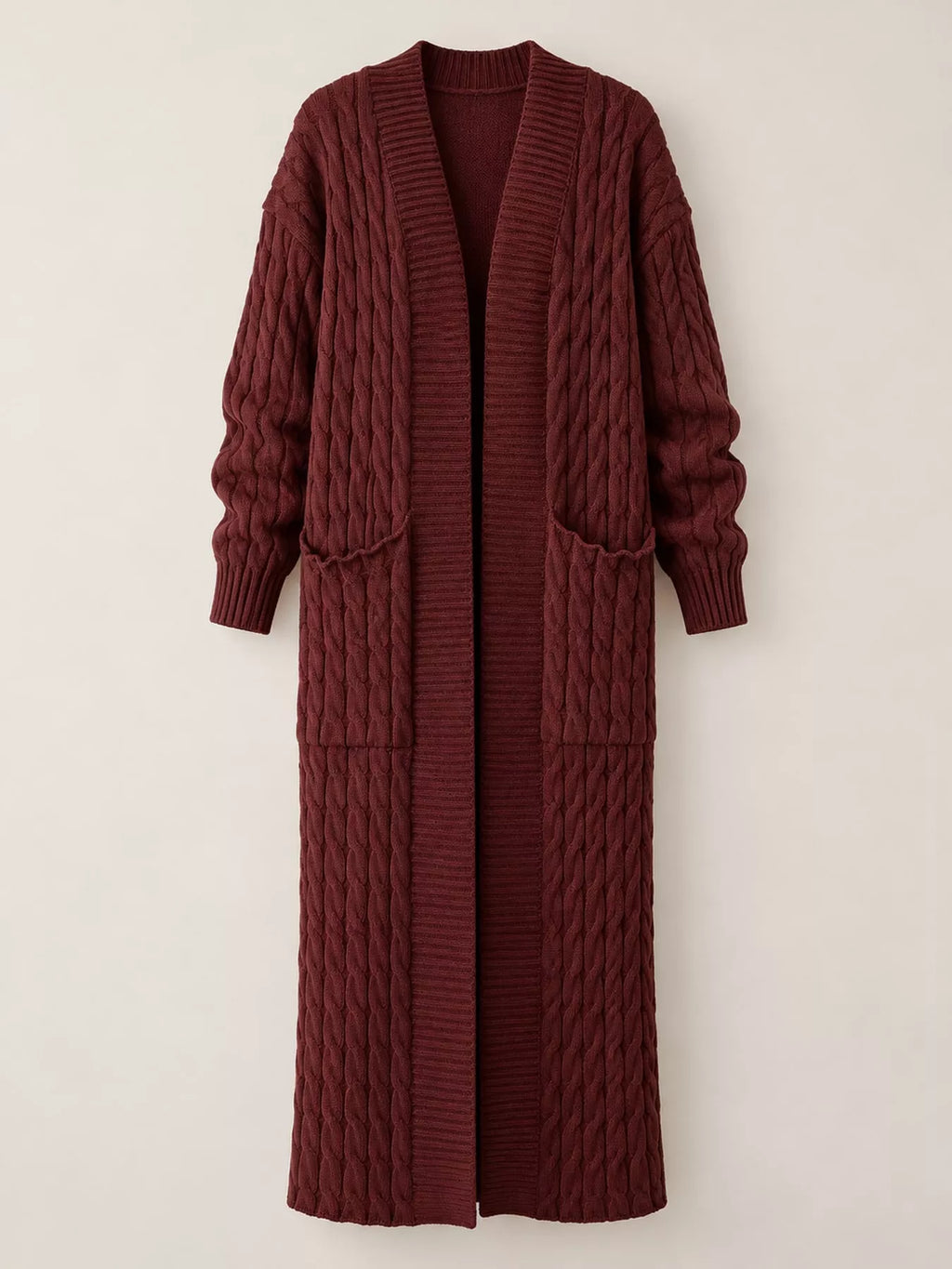 Cable knit longline open-front cardigan, view 34